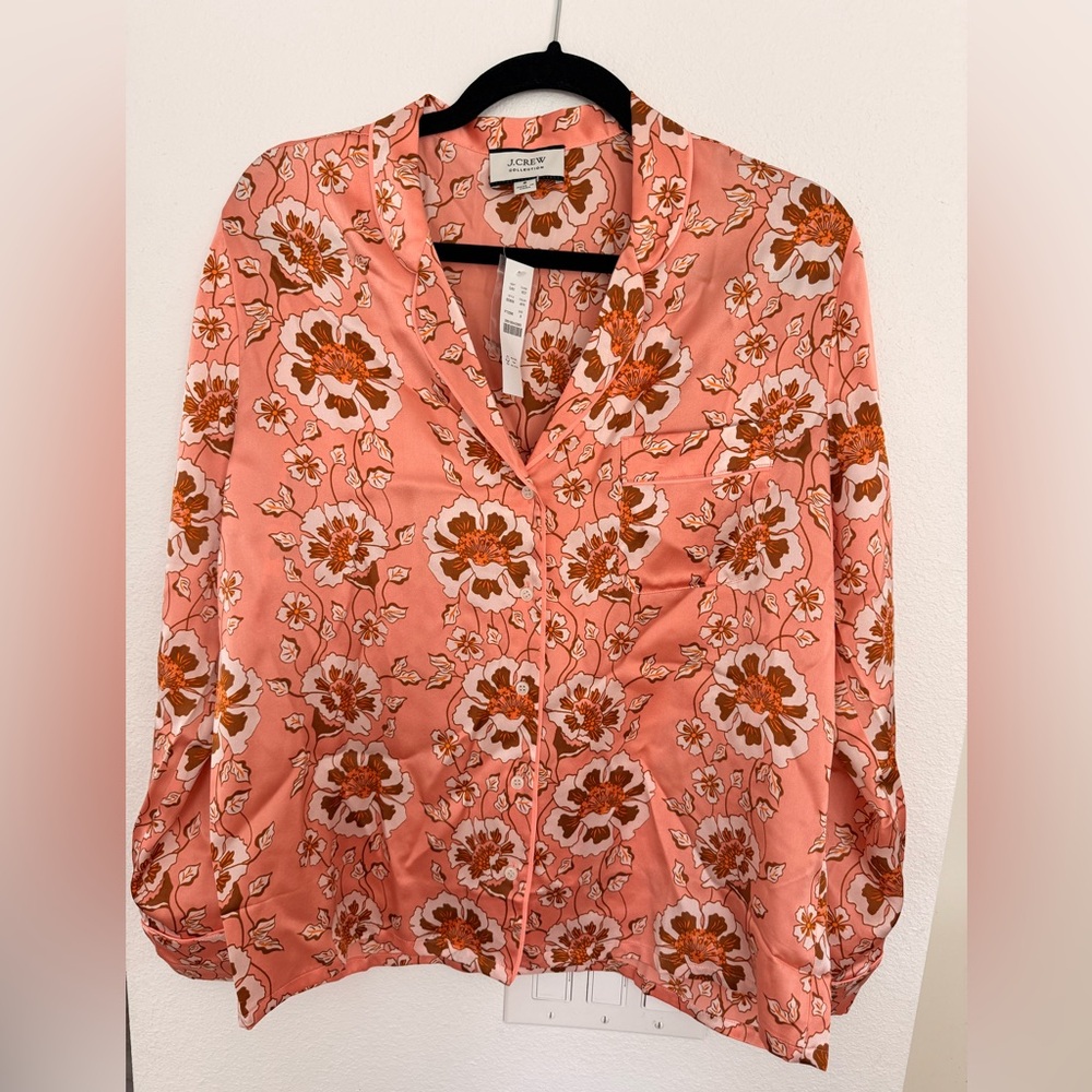 NWT J Crew SILK Floral Pajama Top - Coral/Tan/White - Size 8
